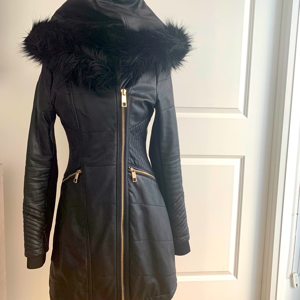 DESIGNER GUESS Faux LEATHER Winter Jacket w/ Hood